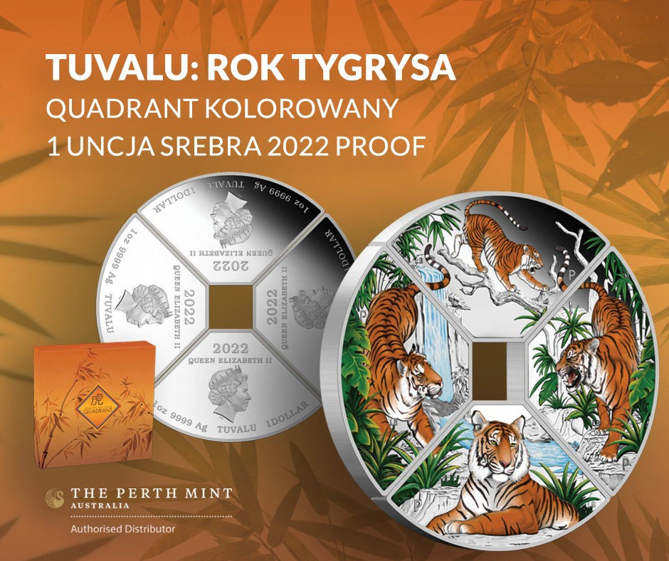 Tuvalu: Rok Tygrysa Quadrant kolorowany 1 uncja Srebra 2022 Proof