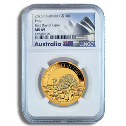 Australijski Emu 1 uncja Złota 2023 MS 69 NGC First Day of Issue (001)