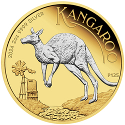 Australijski Kangur pozłacany 2 uncje Srebra 2024