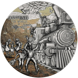 Niue: Around the World in 80 Days - Train Trip kolorowany 3 uncje Srebra 2023 High Relief Antiqued Coin