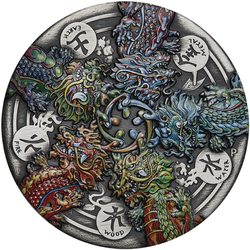 Tuvalu: Dragon and the Five Elements kolorowany 5 uncji Srebra 2024 Antiqued Coin