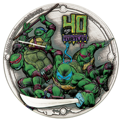 Tuvalu: Teenage Mutant Ninja Turtles - 40. rocznica kolorowany 2 uncje Srebra 2024 High Relief Antiqued Coin