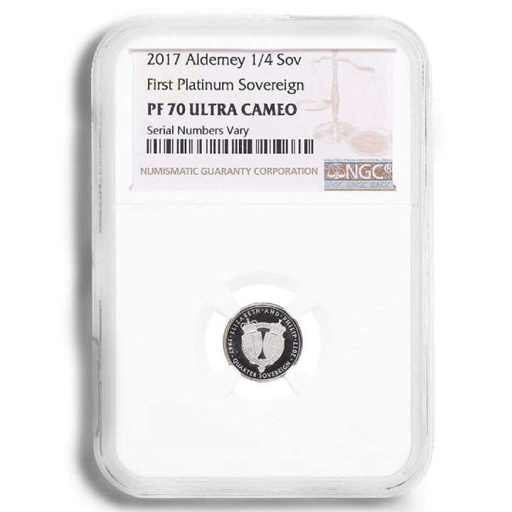 Alderney: 1/4 Suwerena Platyna 2017 Proof NGC PF70 Ultra Cameo