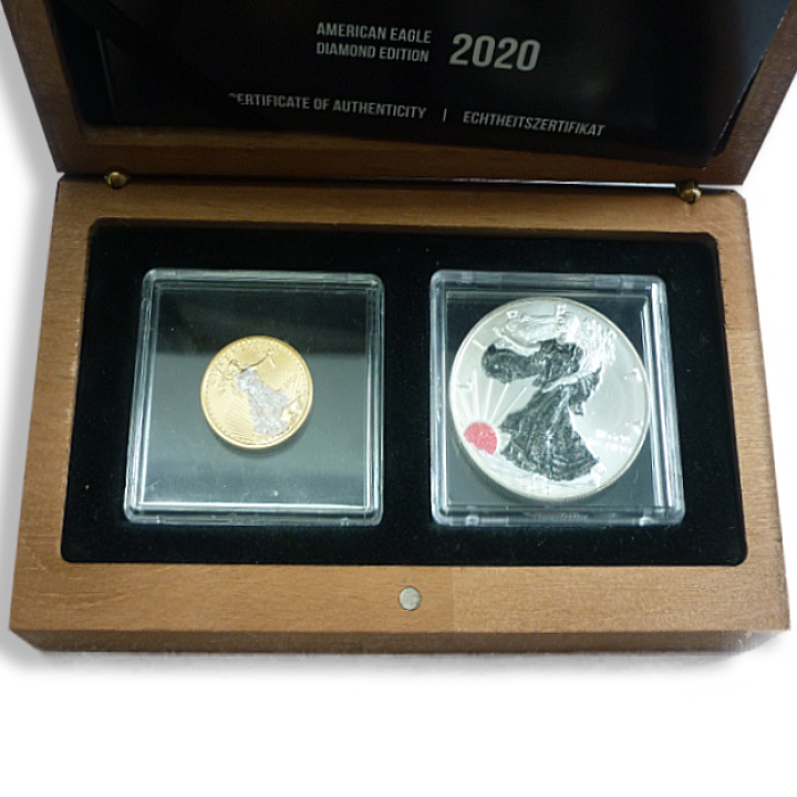 Amerykański Orzeł zestaw 2 monet - 1/4 uncji Złota i 1 uncja Srebra 2020 Diamond Edition 