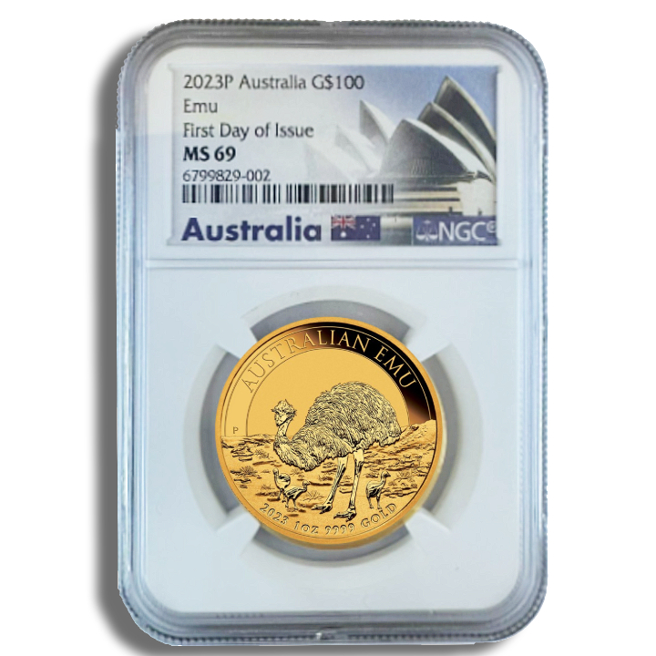 Australijski Emu 1 uncja Złota 2023 MS 69 NGC First Day of Issue (002)