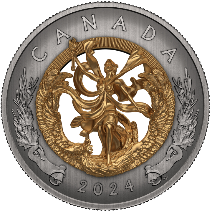 Canada: Allegory of Freedom pozłacany $50 Srebro 2024 Antiqued Coin