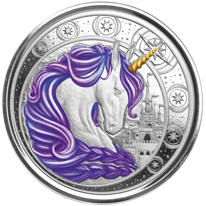 Ghana: Unicorn "Aurora" kolorowana 1 uncja Srebra 2023 Proof (moneta w karcie)