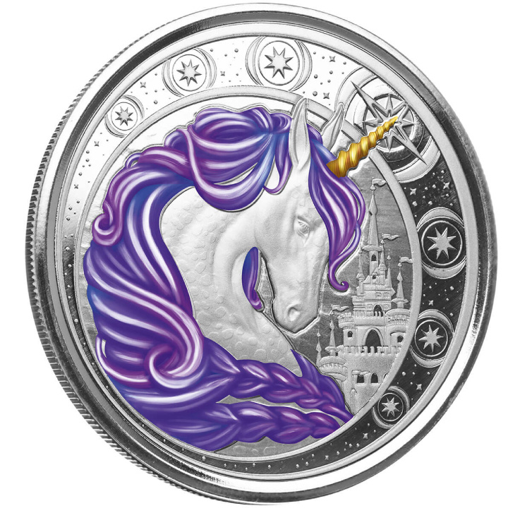 Ghana: Unicorn "Aurora" kolorowana 1 uncja Srebra 2023 Proof (moneta w karcie)