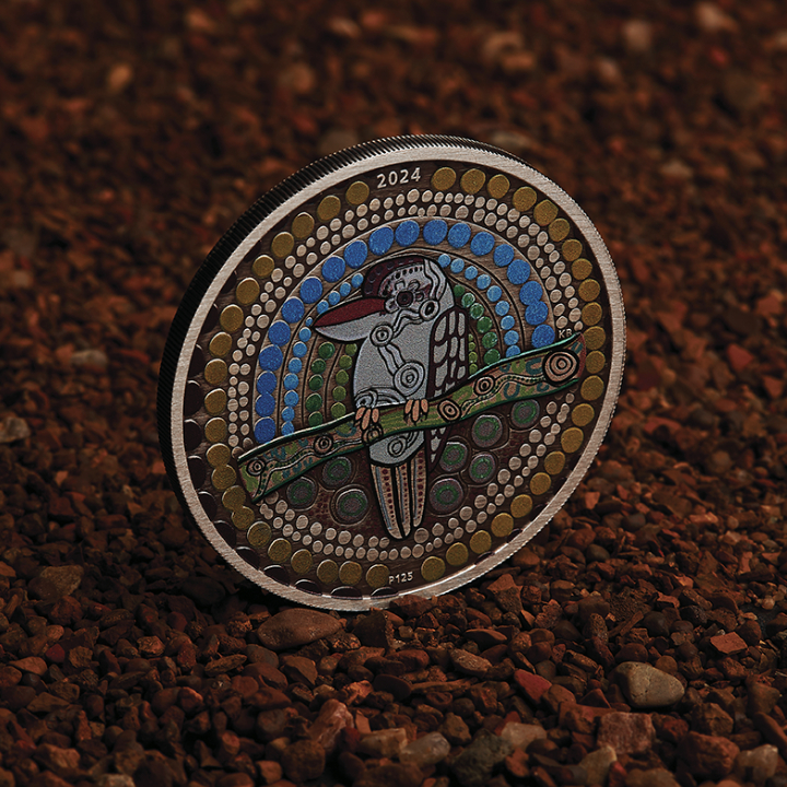 Kookaburra Kaa-Kaa kolorowany 2 uncje Srebra 2024 Antiqued Coin 