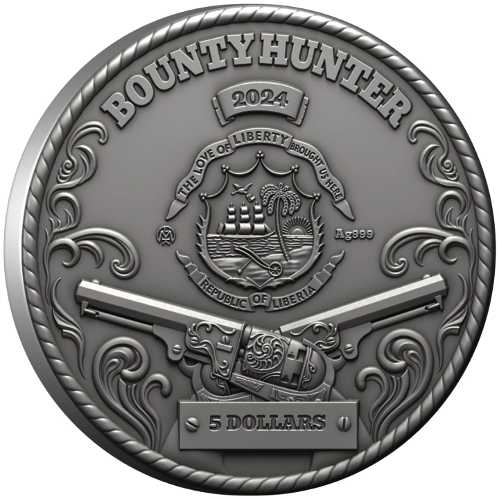 Liberia: The Bounty Hunter kolorowany, pozłacany $5 Srebro 2024 High Relief Antiqued Coin