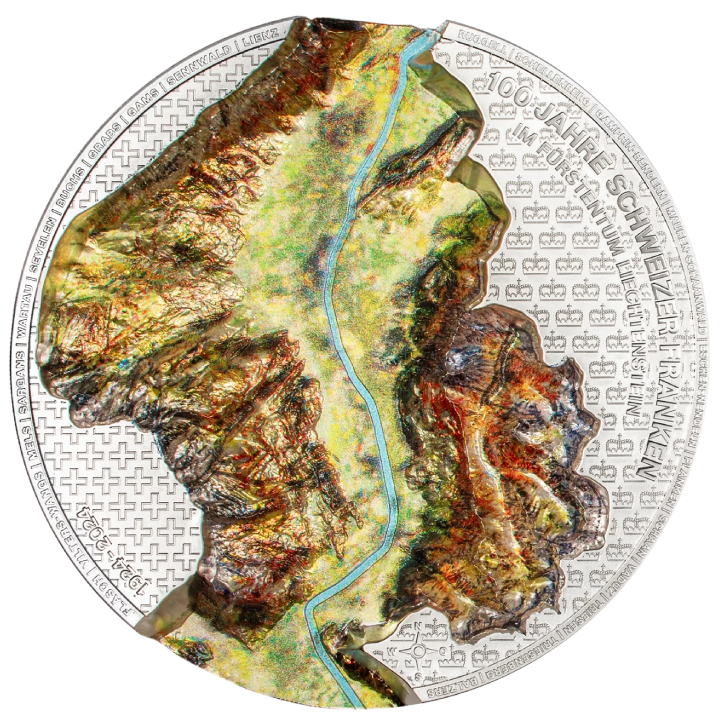 Liechtenstein: 100 years of the Swiss Franc in Liechtenstein kolorowany 1000 gramów Srebra 2024 Silk Coin