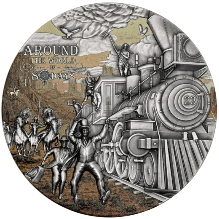 Niue: Around the World in 80 Days - Train Trip kolorowany 3 uncje Srebra 2023 High Relief Antiqued Coin