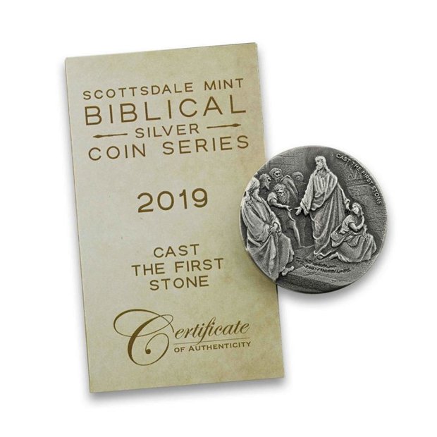 Niue: Biblical - Cast the First Stone 2 uncje Srebra 2019 Proof Antiqued Coin 