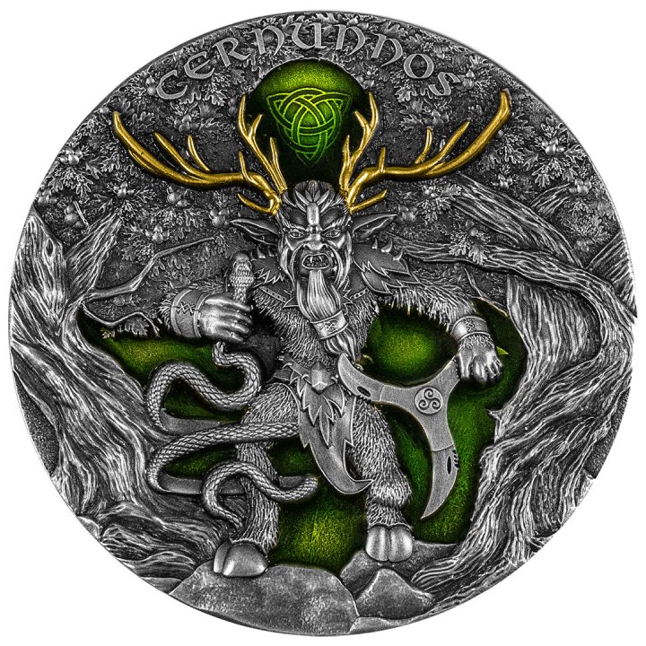 Niue: Cernunnos pozłacany $5 Srebro 2022 High Relief Antiqued Coin