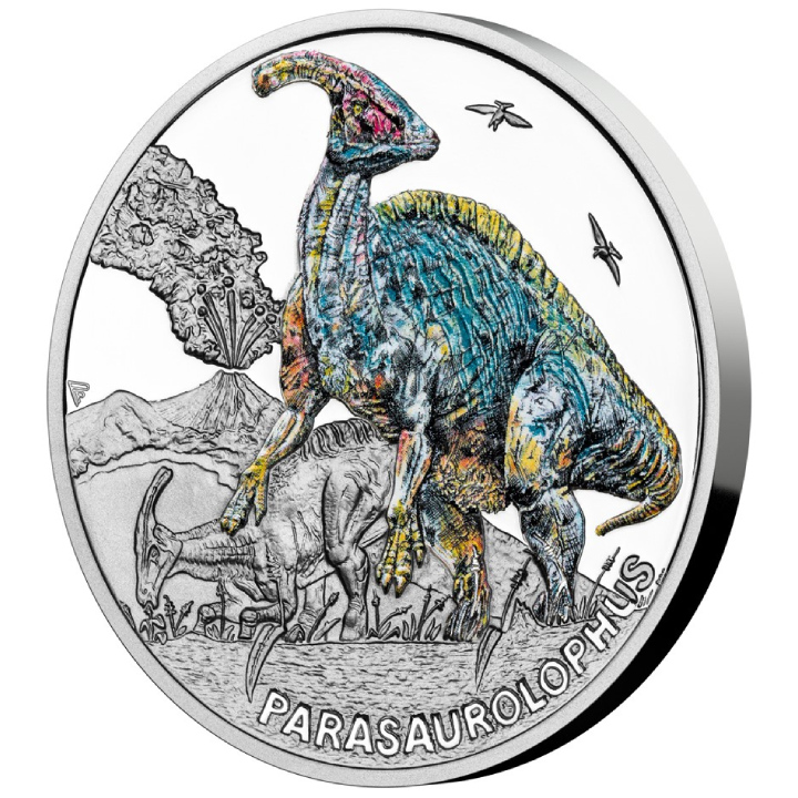 Niue: Prehistoric World - Parasaurolophus kolorowany $1 Srebro 2023 Proof