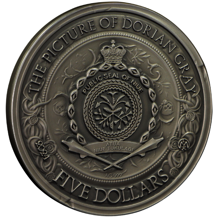 Niue: Reading Challenge - The Picture of Dorian Gray pozłacany $5 Srebro 2024 High Relief Antiqued Coin