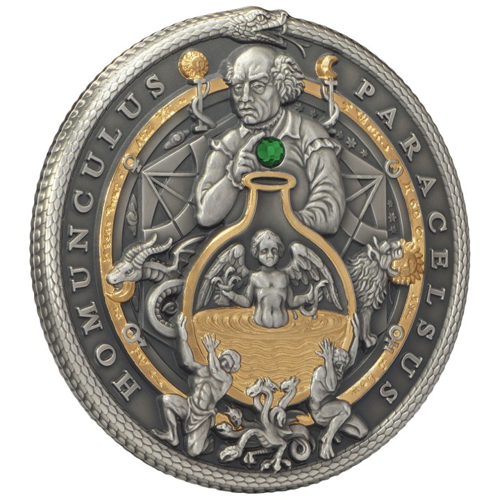 Niue: The Alchemists - Paracelsus pozłacany $5 Srebro 2023 Antique Finish