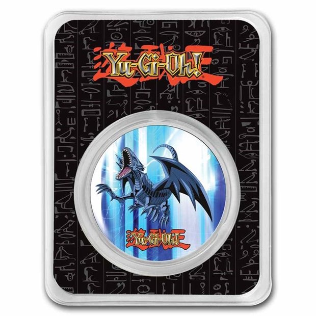 Niue: Yu-Gi-Oh! Blue-Eyes White Dragon kolorowany - 25. rocznica 1 uncja Srebra 2022 Slab