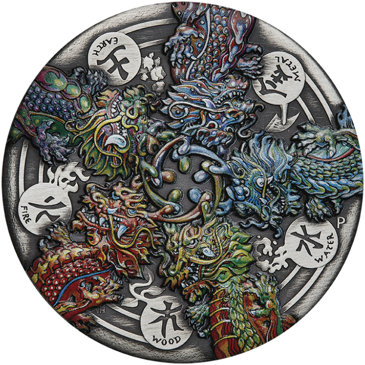 Tuvalu: Dragon and the Five Elements kolorowany 5 uncji Srebra 2024 Antiqued Coin