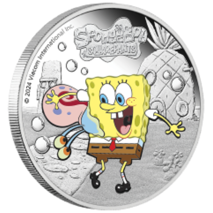 Tuvalu: SpongeBob SquarePants - SpongeBob i Gary kolorowany 1 uncja Srebra 2024 Proof