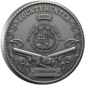 Liberia: The Bounty Hunter kolorowany, pozłacany $5 Srebro 2024 High Relief Antiqued Coin